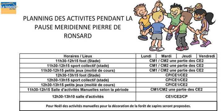 planning des activités pendant la pause méridienne Pierre de Ronsard